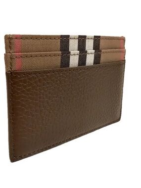 Burberry Brown Pebbled Leather & Check Card Holder with Pink Accent